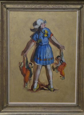 Lot 857 - English School (c.1920-1930) Dutch girl holding two puppets Oil on canvas with gilded...