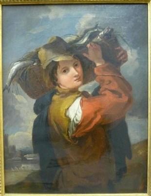 Lot 859 - Follower of Thomas Kent Pelham (19th century) Young boy holding a basket of fish Oil on canvas,...