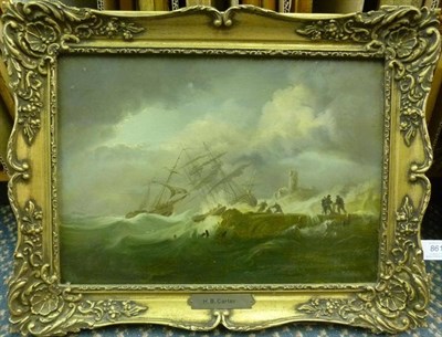 Lot 861 - Attributed to Henry Barlow Carter (1804-1868) Stormy seascape with figures retrieving a wreck...