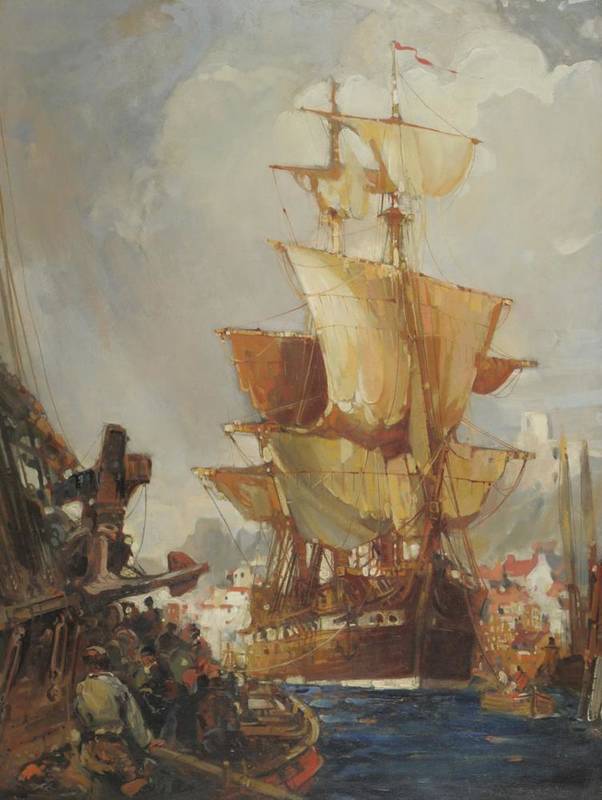 Lot 863 - Frank Henry Mason RI, RBA (1876-1965) Tall sailing ship with other vessels in Whitby Harbour...