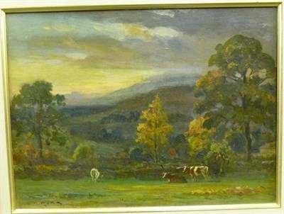 Lot 869 - Ernest Higgins Rigg (1868-1947) Summer pasture with cattle grazing Signed, oil on panel, 31cm...