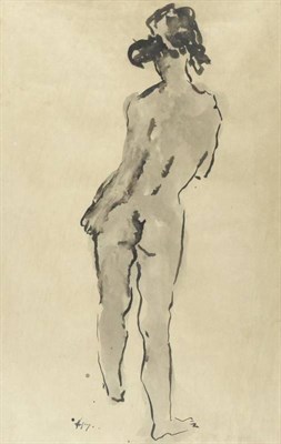 Lot 893 - Sydney Harpley RA, FRBS (1927-1992) Standing female nude Signed, ink and brush on tinted paper,...