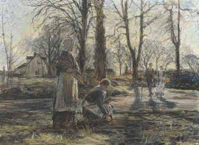 Lot 896 - A"¦C"¦White (20th/21st century) Two girls gathering wood in an Autumn landscape Indistinctly...