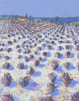 Lot 897 - Godfrey Tonks (b.1948)  "Lavender Fields near Grasse " Signed, inscribed verso, pastel, 49cm by...