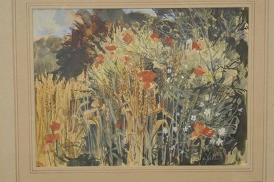 Lot 903 - Donald R. Edwards (20th century) Wild flowers and poppies in a cornfield at the edge of a wood...