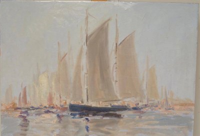 Lot 912 - William Norman Gaunt FIAL, NDD (1918-2001) Sailing boats off a coastline Oil on board, 46cm by...