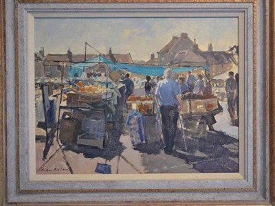 Lot 917 - Gillian Roberts (20th century) Sunlit market place with figures Oil on board, 36cm by 46cm