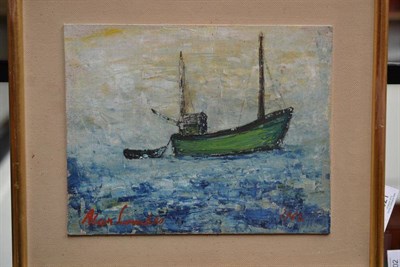 Lot 921 - Alan Lowndes (1921-1978)  Study of a green trawler towing a small boat Signed and dated 1962,...