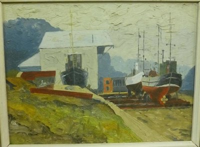 Lot 922 - Geoffrey W. Birks YWS (1929-1993) Boatyard, possibly on the Esk, Whitby Oil on board, 23cm by...