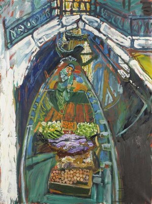 Lot 926 - John Bratby RA, LG, ARCA(Lond) (1928-1992) Venetian canal scene with a man in a gondola Signed, oil