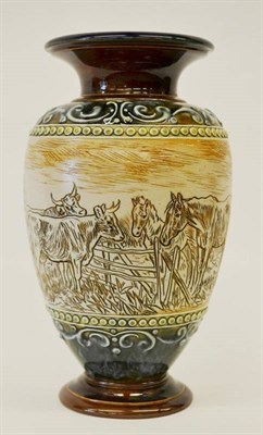 Lot 952 - A Royal Doulton Lambeth Stoneware Vase, by Hannah Barlow, scraffito decorated with a continuous...