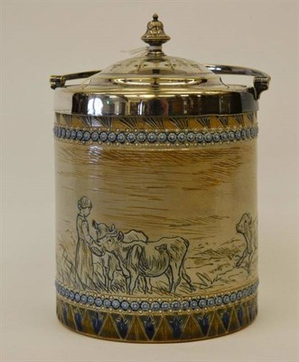 Lot 955 - A Doulton Lambeth Stoneware Biscuit Barrel, by Hannah Barlow, scraffito decorated with a continuous