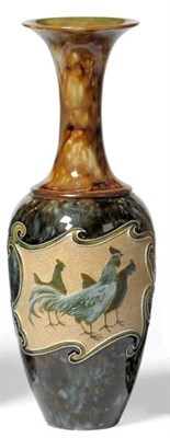 Lot 960 - A Doulton Lambeth Stoneware Vase, by Florence Barlow, pâte-sur-pâte decoration of poultry,...