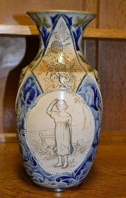 Lot 963 - A Doulton Lambeth Stoneware Vase, by Mary Mitchell, the sides decorated with two shaped panels...