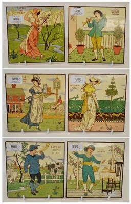 Lot 980 - Six Maw & Co Nursery Rhyme Tiles, designed by Walter Crane, depicting LITTLE BO PEEP, JOCK HE WAS A