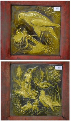 Lot 985 - Two Burmantofts Faience Tiles, glazed in olive green, relief moulded with a bird feeding its chicks