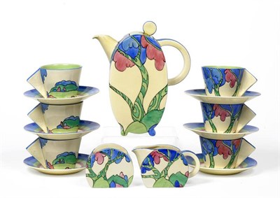 Lot 999 - A Clarice Cliff Fantasque Bizarre Bon Jour Rudyard Coffee Set, circa 1933, comprising coffee...