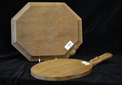 Lot 1066 - A Robert  "Mouseman " Thompson Oak Cheese Board, with carved mouse signature on the handle, 36.5cm