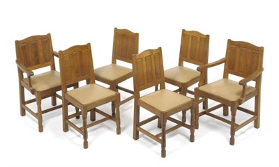 Lot 1083 - A Set of Six (4+2) Don "Foxman" Craven Oak Chairs, curved top rail above a panelled back, on...