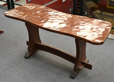 Lot 1086 - A Colin  "Beaverman " Almack Burr Oak Pub Table, on trestle base, with carved beaver signature,...