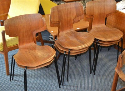 Lot 1114 - A Set of Eight Teak and Plywood Chairs, designed by Arne Jacobsen for Fritz Hansen, with black...