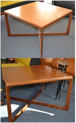 Lot 1130 - A Pair of 1960's Teak Coffee Tables, the square tops on an X frame base, unmarked, 76cm square,...