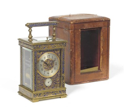 Lot 1136 - A Brass and Enamel Quarter Striking and Repeating Alarm Carriage Clock, circa 1890, with...