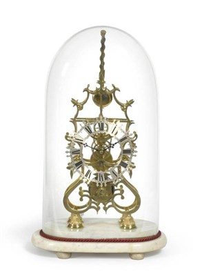 Lot 1139 - A Brass Skeleton Mantel Timepiece, 20th Century, single fusee movement with pendulum mounted above