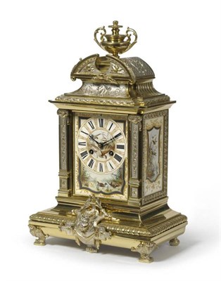 Lot 1146 - A Gilt Brass and Porcelain Mounted Striking Mantel Clock, circa 1890, with urn finial and porcelain