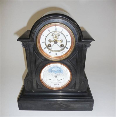 Lot 1149 - A Black Slate Striking Mantel Clock with Triple Calendar and Moonphase Displays, circa 1880, arched