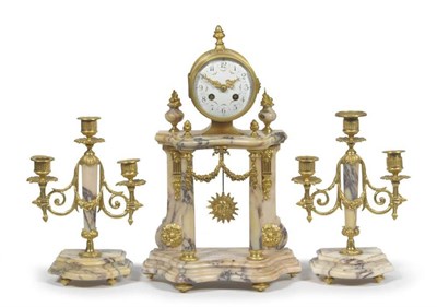 Lot 1154 - A Marble Striking Mantel Clock Garniture, circa 1900, the portico case with applied gilt metal...