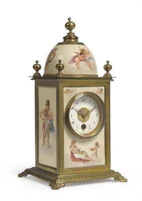 Lot 1155 - A Porcelain Mounted Mantel Timepiece, early 20th century, dome shaped top and turned finials,...