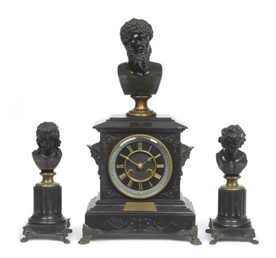 Lot 1156 - A Black Slate and Bronze Mounted Striking Mantel Clock Garniture, retailed by James Robertson &...