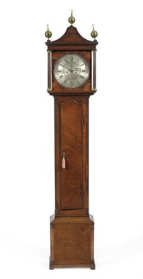 Lot 1218 - A Mahogany Eight Day Longcase Clock, pagoda top with ball finials, arched trunk door, plinth on...