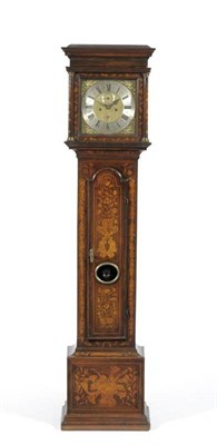 Lot 1222 - A Walnut Marquetry Eight Day Longcase Clock, flat top pediment, side viewing windows, later...