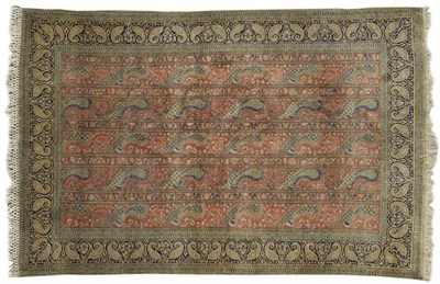 Lot 1276 - Fine Ghom Silk Rug Central Persia The rust field with bands of boteh enclosed by deep indigo...