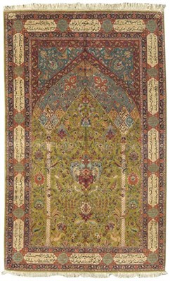 Lot 1288 - Fine Tabriz Prayer Carpet Persian Azerbaijan The apple green field richly decorated with palmettes