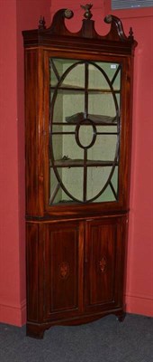 Lot 1385 - A Mahogany, Satinwood and Boxwood Strung Free-Standing Corner Cupboard, mid 19th century, the...