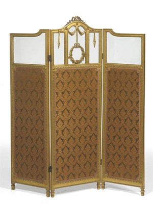 Lot 1409 - An Edwardian Gilt and Gesso Three-Leaf Dressing Screen, early 20th century, the central leaf with a