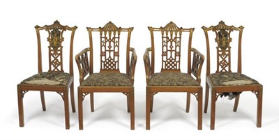 Lot 1411 - A Pair of Chinese Chippendale Revival Satinwood and Parcel Gilt Painted Armchairs, early 20th...