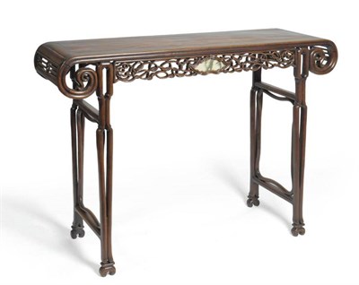 Lot 1429 - A Chinese Hardwood Narrow Table, late 19th century, the pierced decorative apron and  C scroll...