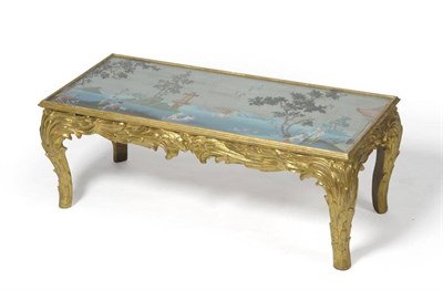 Lot 1434 - A Gilt and Gesso Polychrome Decorated Coffee Table, the rectangular top painted with a...