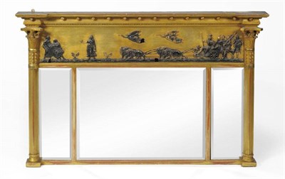 Lot 1445 - A Regency Style Gilt and Gesso Triptych Overmantel Mirror, late 19th century, the ball...