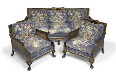 Lot 1453 - An Early 20th Century Japanned and Parcel Gilt Double Cane Three-Seater Bergère Settee, the...