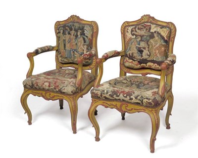 Lot 1454 - A Pair of 18th Century Italian Carved Wood Open Armchairs, later repainted, with original close...