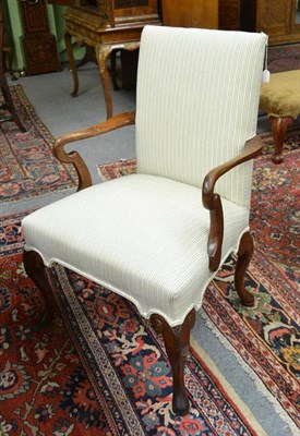 Lot 1460 - An 18th Century Style Open Armchair, late 19th century, recovered in cream striped fabric, the...