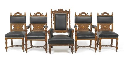 Lot 1465 - A Set of Eight Carved Oak Close-Nailed Leather Dining Chairs, 3rd quarter 19th century, with carved