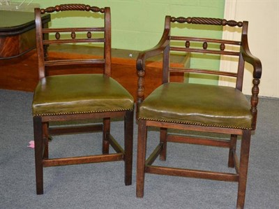 Lot 1478 - A Set of Eight George III Style Mahogany Dining Chairs, with wrythen turned top rails above...