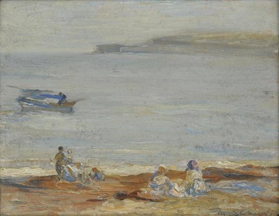 Lot 875A - Mark Senior NPS (1862-1927)  "On the Beach " Signed, oil on panel, 18.5cm by 23cm  Provenance:...