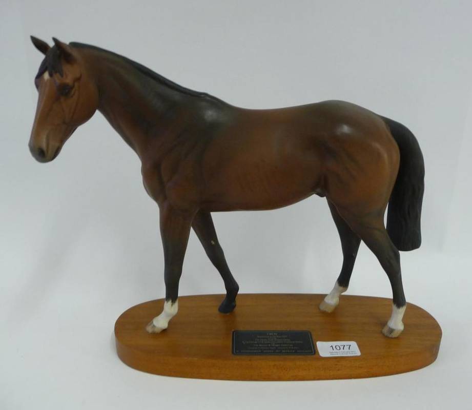 Lot 1077 - Beswick Racehorse Troy, model No. 2674, bay matt, 29.8cm high on wood plinth